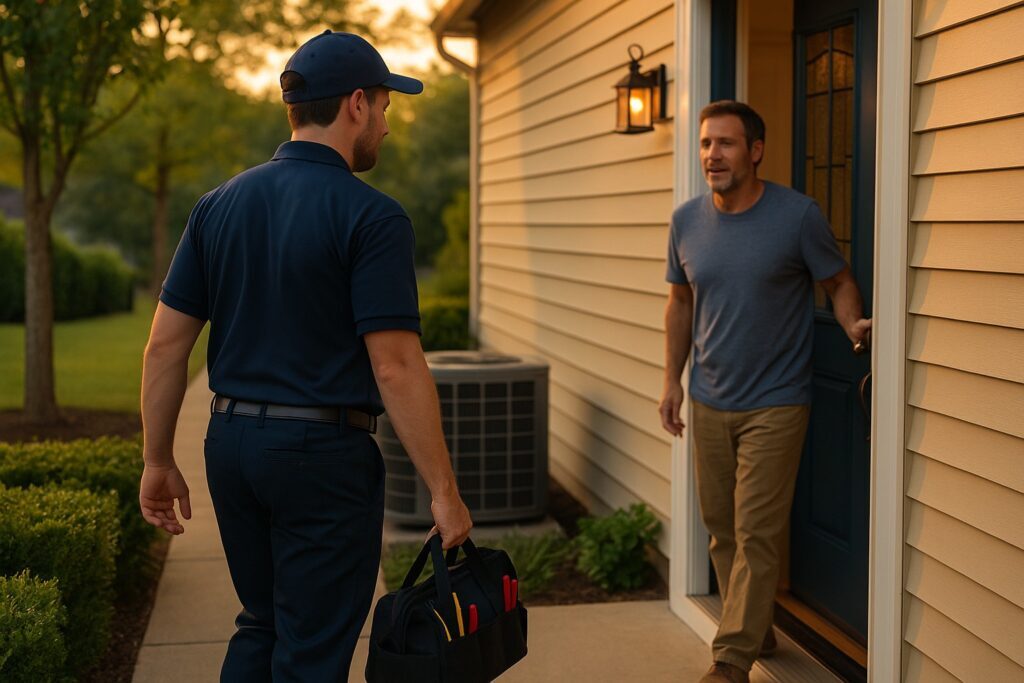 HVAC technician in a navy uniform approaching a suburban home at sunset with a tool bag, greeted by a smiling homeowner at the front door, with an outdoor AC unit and manicured lawn in the background.