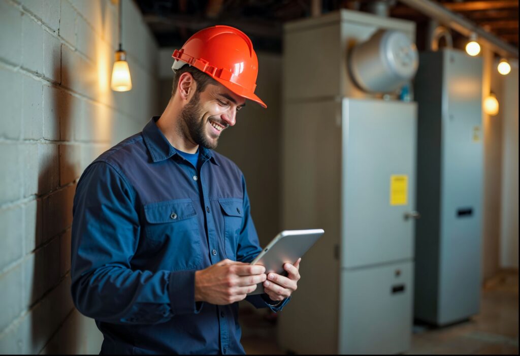 Happy homeowner plumber, HVAC technician, man using a mobile phone in a basement by water heater