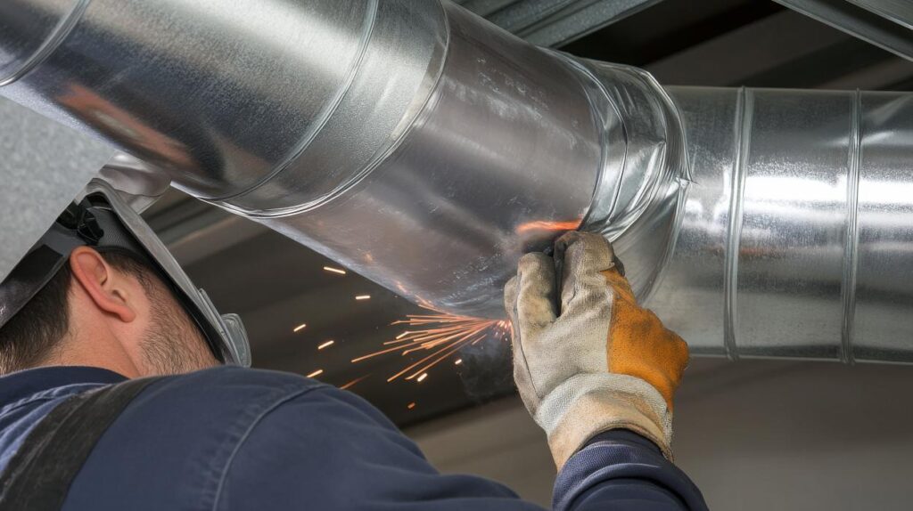 Sheet metal worker welding a duct in a ventilation system. Featuring craftsmanship and precision