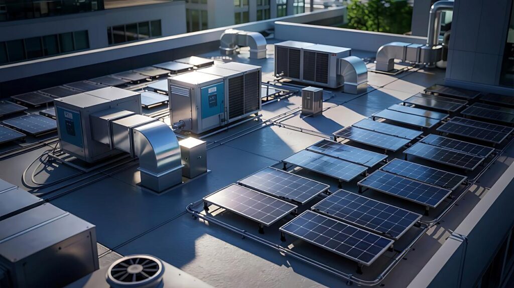Modern Rooftop with Solar Panels and HVAC Equipment