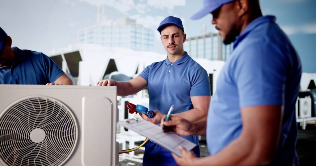 Diverse group of workers install air conditioner