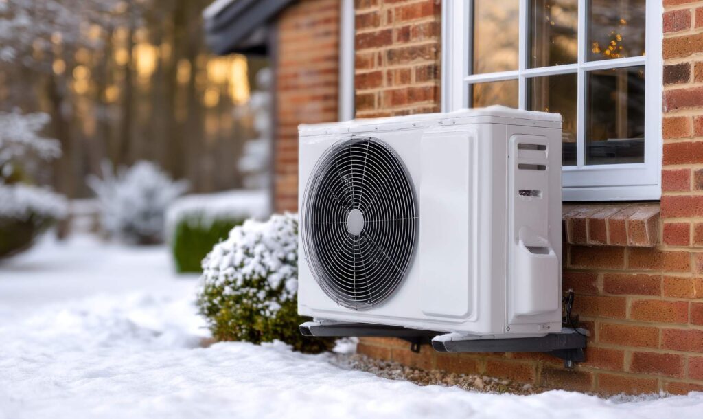 Heat pump on house exterior in snowy winter garden