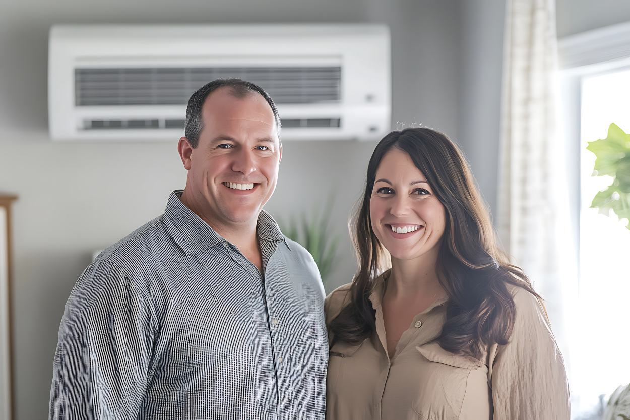 happy homeowners with new ductless minispit unit on wall