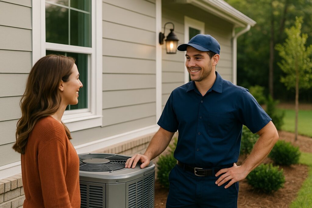 HVAC technician in a navy uniform smiling while speaking with a homeowner next to an outdoor air conditioning unit at a modern suburban home in Beaufort, South Carolina.