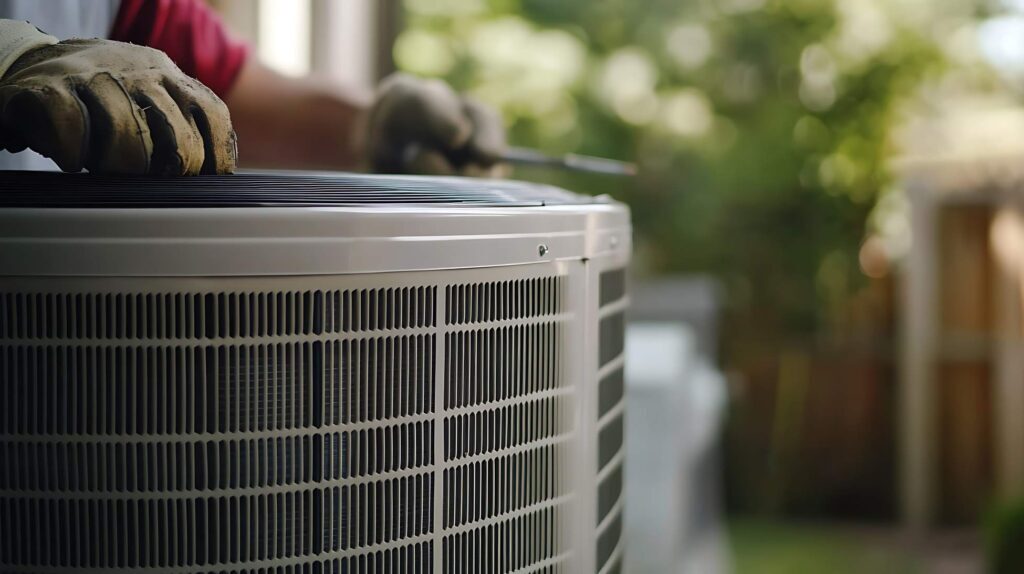 AC Unit in yard with the hands of repair man
