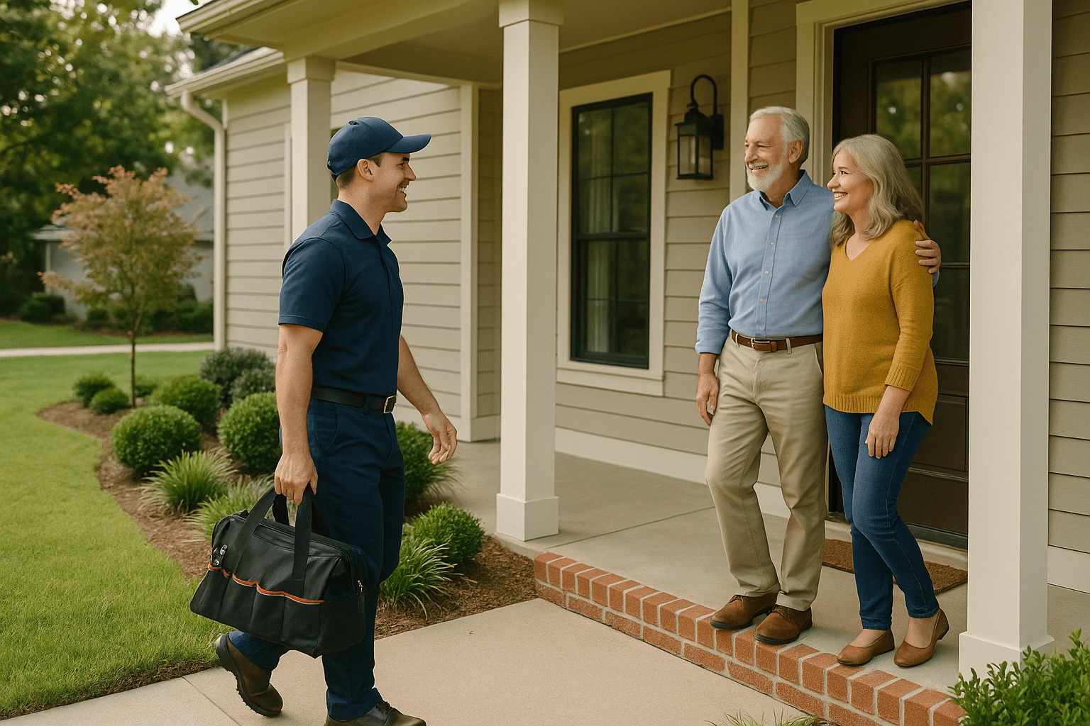 HVAC technician greeted by smiling homeowner at front door of modern home, carrying a tool bag.