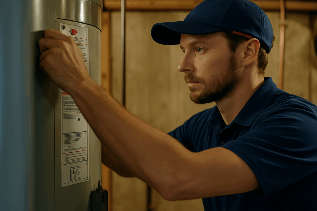 HVAC technician in a navy uniform repairing heater in basement