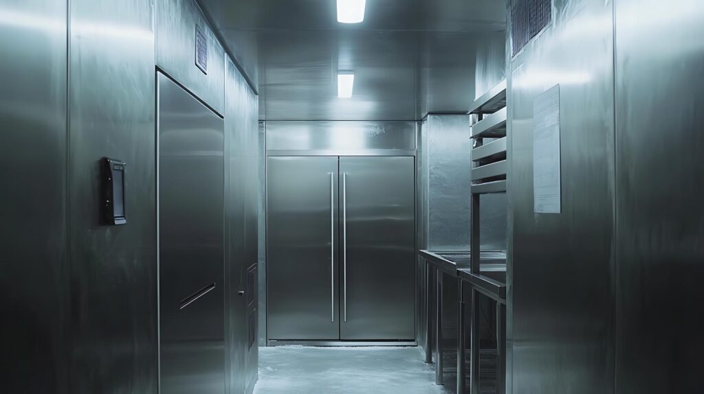 Industrial Scale Stainless Steel Walk-in Freezer Interior with Frost Covered Walls Modern Food Storage Facility Commercial Kitchen Equipment.