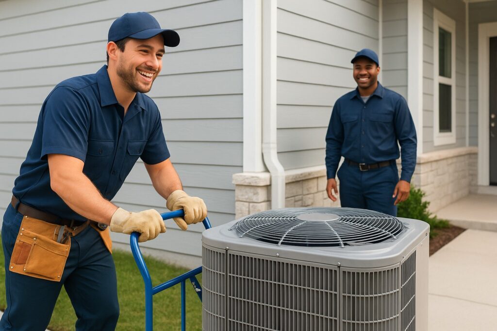 Two smiling HVAC technicians in navy uniforms delivering an outdoor air conditioning unit on a dolly toward a modern suburban home, with one technician waiting by the house to assist.