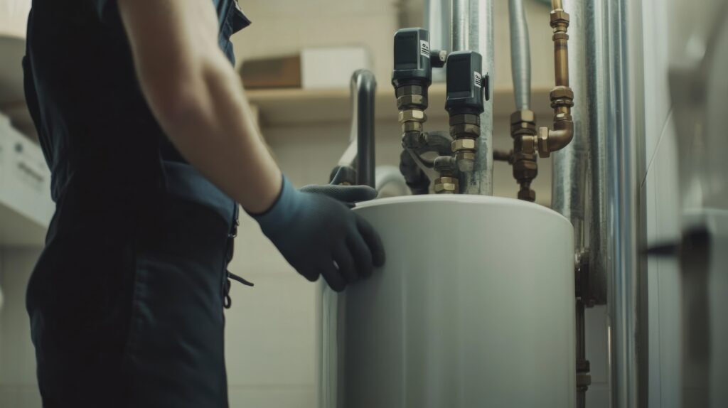 Close-up of an HVAC technician servicing a water heater unit, adjusting valves and pipes while wearing gloves in a utility room.