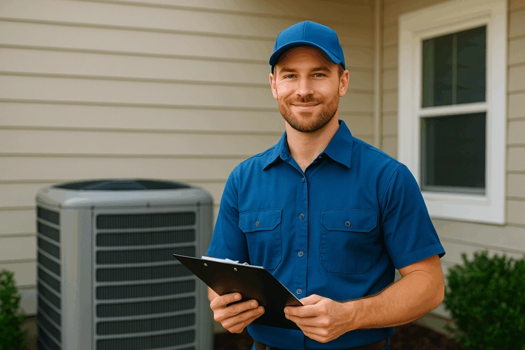 HVAC Technician by Beige Siding