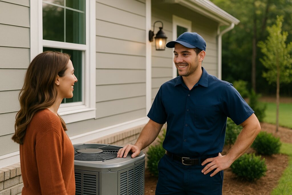HVAC technician in a navy uniform smiling while speaking with a homeowner next to an outdoor air conditioning unit at a modern suburban home in Beaufort, South Carolina.