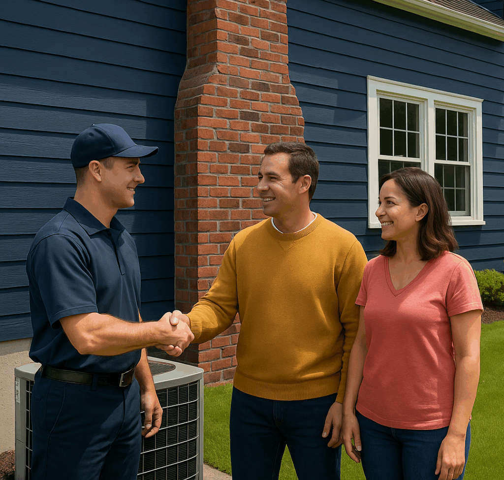 happy couple shaking hands with an hvac technician in their backyard