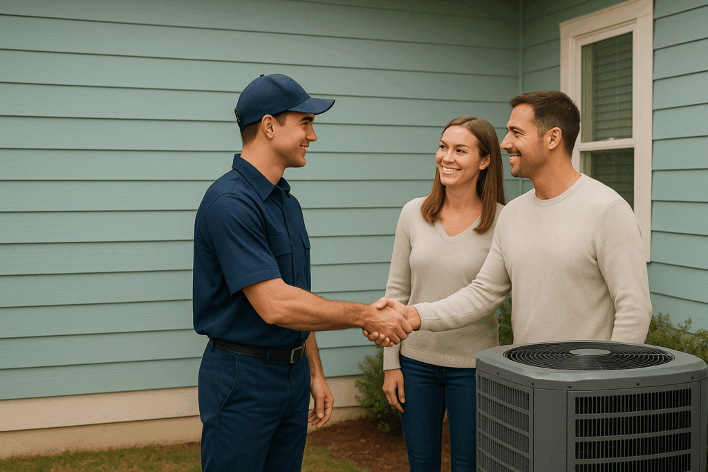 happy homeowners shaking the hand of an hvac installation tech